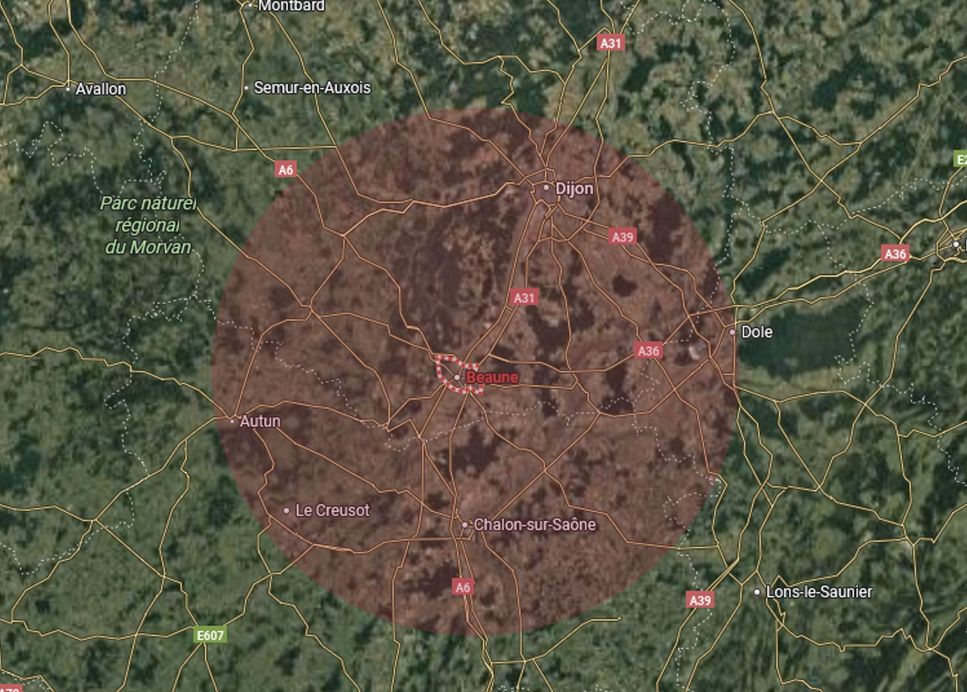 Zones d'intervention épaviste Beaune et 50km